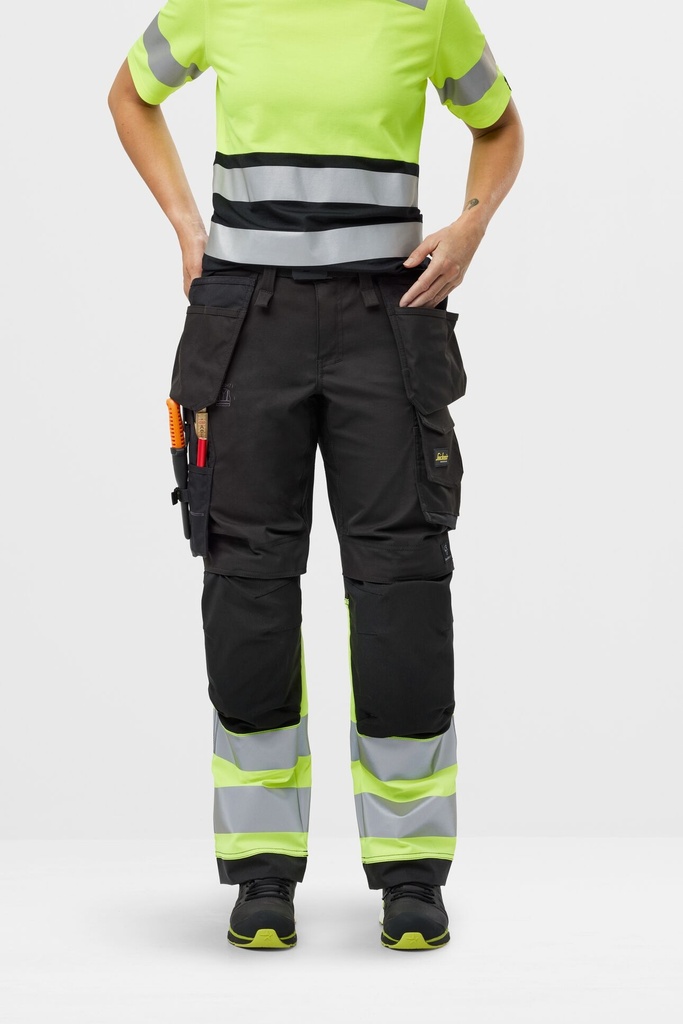 Snickers 6734 – Pantalon en tissu extensible pour femme avec poches holster haute visibilité, Classe 1