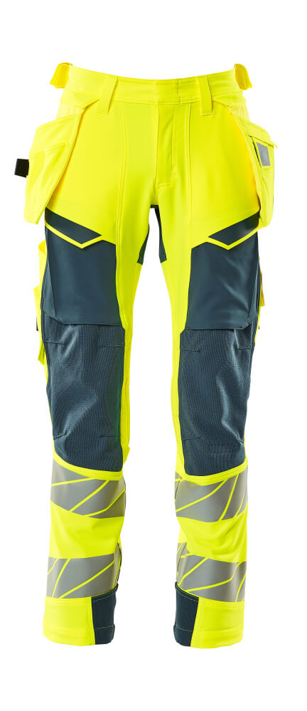 [19031-711-1744-76C58] Mascot 19031 Pantalon de travail avec poches flottantes stretch avec poches genoux (1744- Hi-vis Jaune/Bleu pétrole foncé, 76C58)