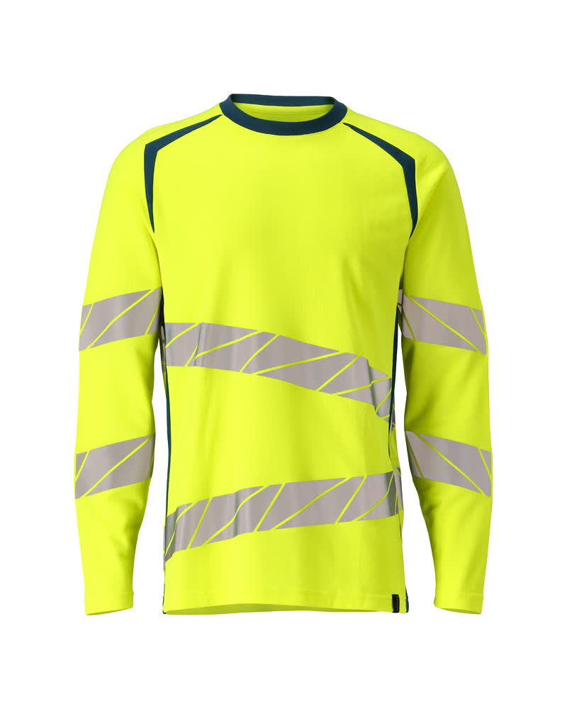 [19081-771-1744-S] Mascot 19081 T-shirt manches longues stretch haute visibilité (1744- Hi-vis Jaune/Bleu pétrole foncé, S)