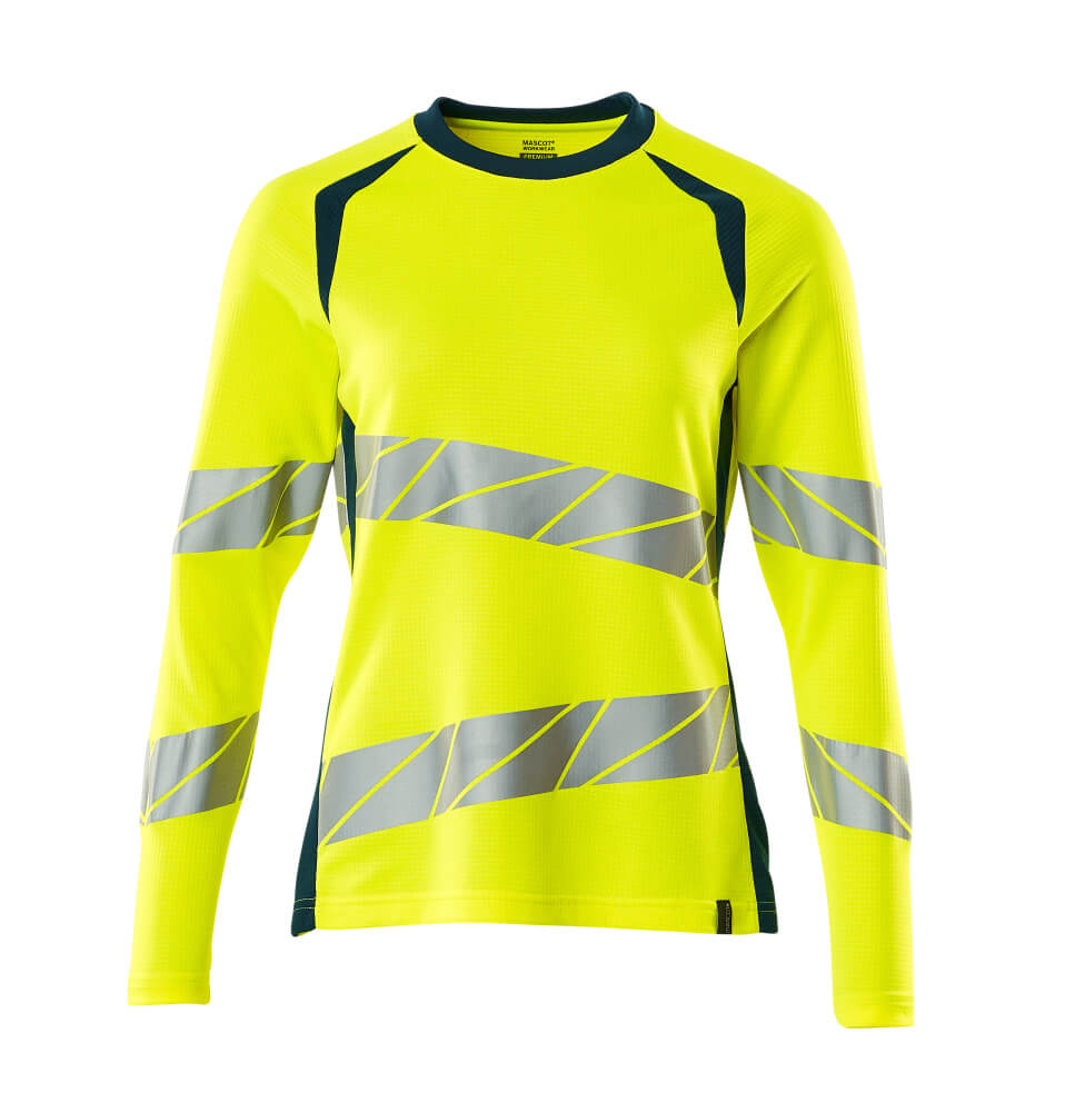 [19091-771-1744-XS] Mascot 19091 T-shirt manches longues stretch haute visibilité (1744- Hi-vis Jaune/Bleu pétrole foncé, XS)