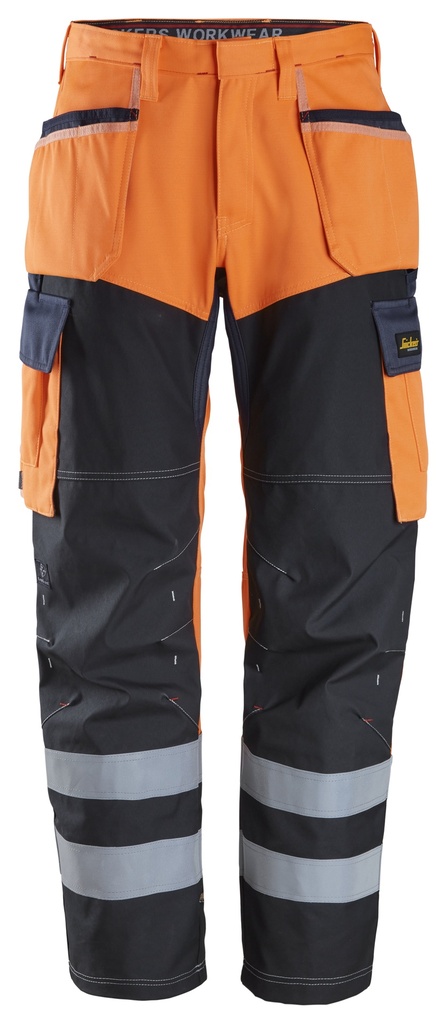 Snickers 6562 – ProtecWork, Pantalon avec avant des jambes renforcé, poches holster, haute visibilité orange, Classe 1